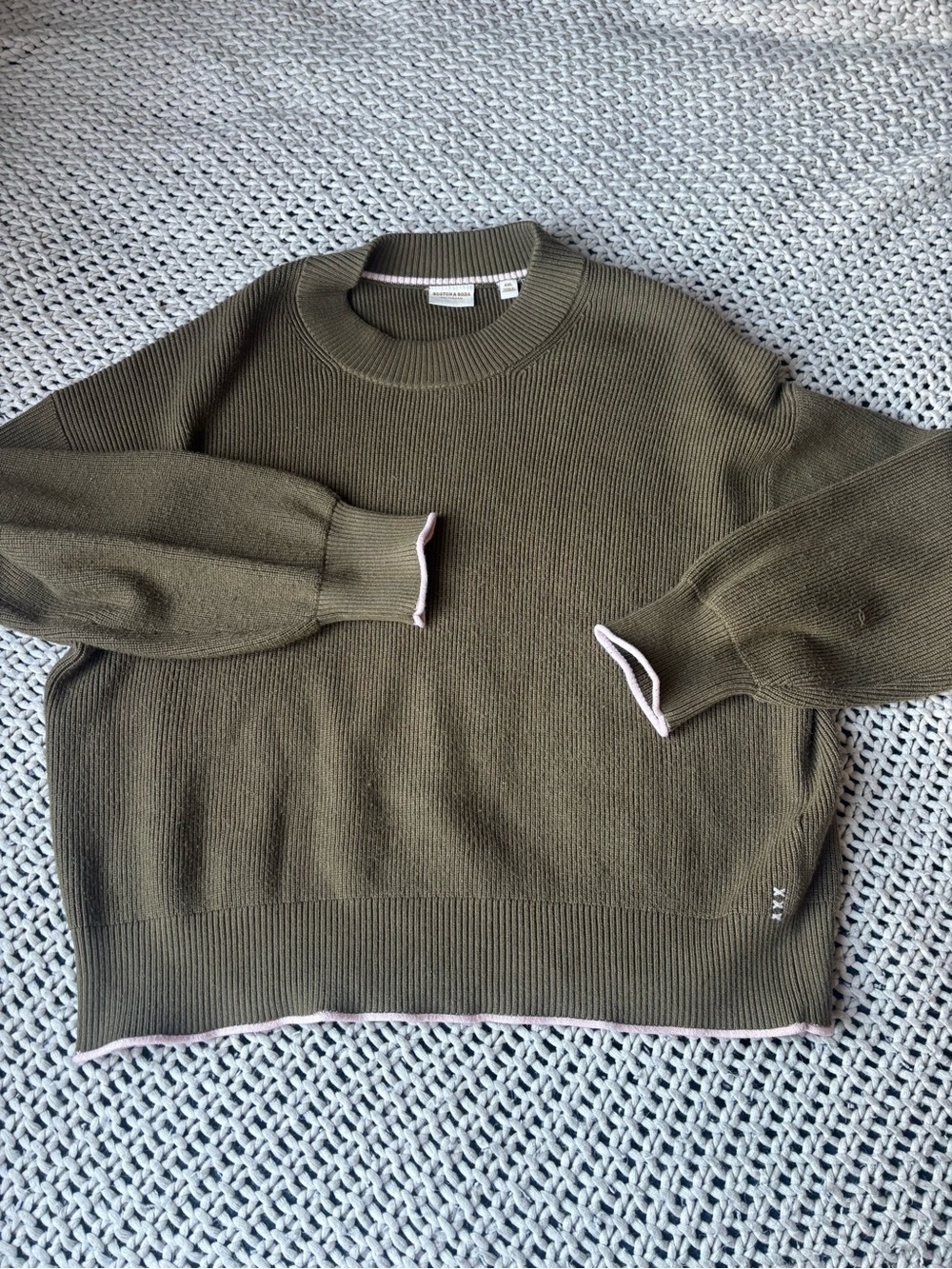 Scotch & Soda Olive Green Crewneck Sweater with Pink Trim